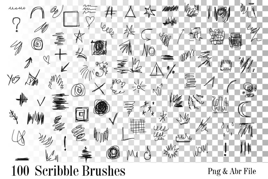 A set of 100 hand-drawn scribble brushes featuring 90s graphics and urban illustrations.