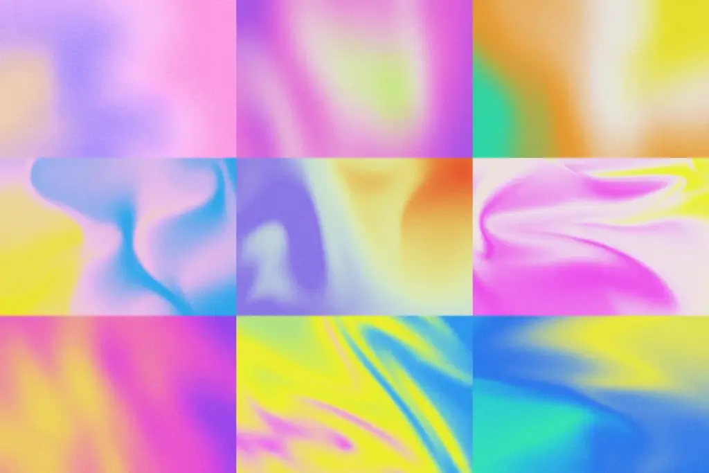 A collection of grainy, fluid 90s Graphics with liquid-style gradients and soft organic shapes.