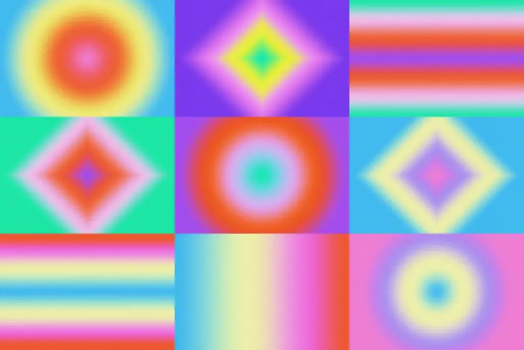 grid of geometric 90s retro Backgrounds featuring circular, diamond, and linear gradients in vibrant neon colors.