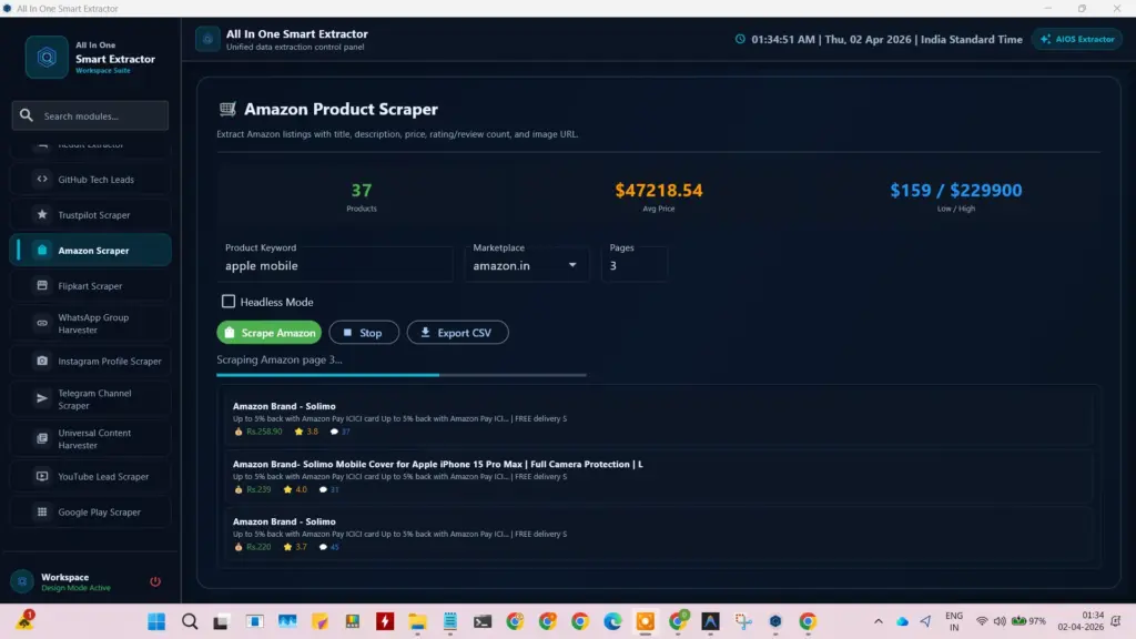 Amazon Product Scraper interface in the All in One data extractor showing pricing analysis and product listings.