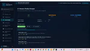 Amazon Product Scraper interface in the All in One data extractor showing pricing analysis and product listings.