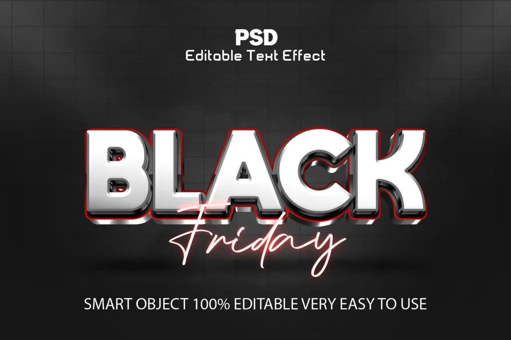 Sleek chrome and red 3D Photoshop text effect on a dark grid background.