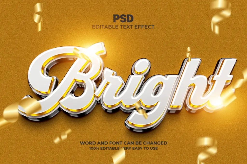 Glossy silver and gold 3D Photoshop text effect with celebratory gold streamers.