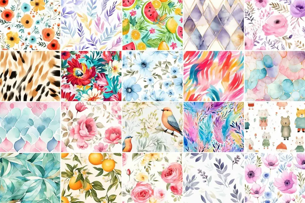 Collage of the colorful watercolor patterns included in the bundle