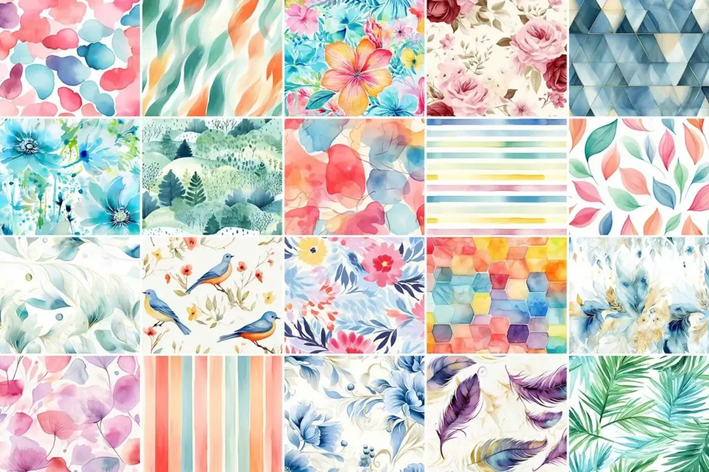 Collage of the colorful watercolor patterns included in the bundle