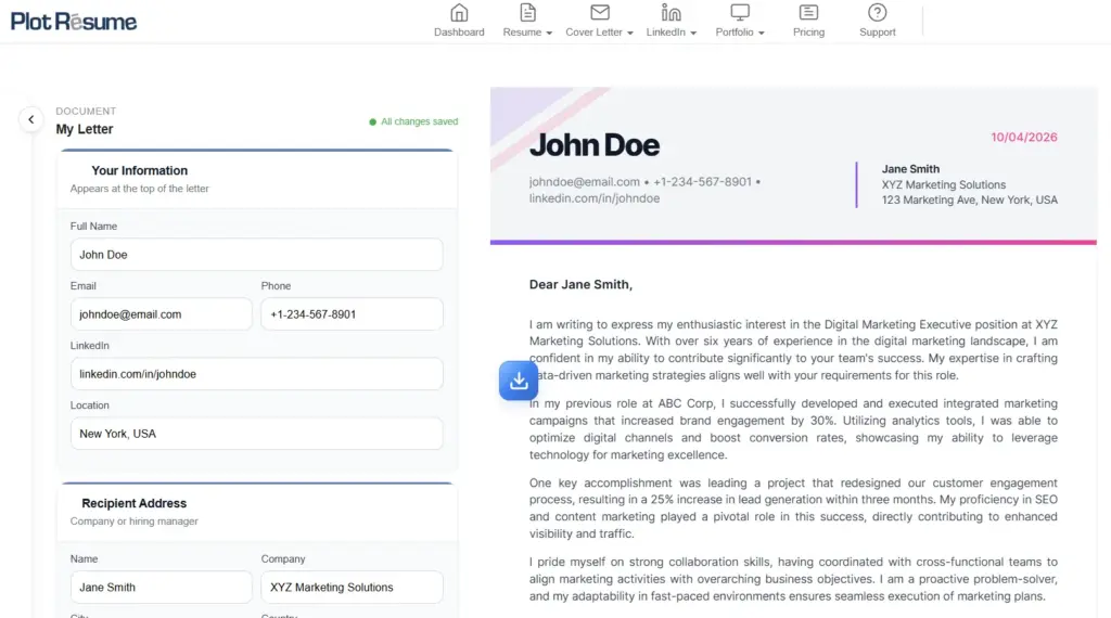 Cover letter Templates in Plotresume