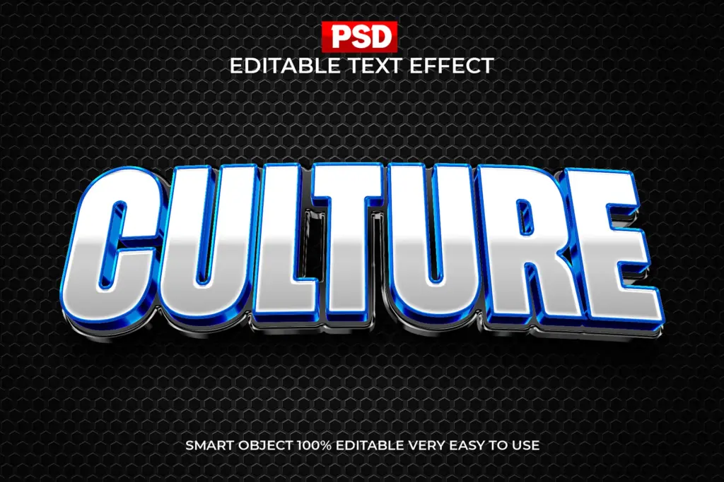 Industrial silver and blue metallic 3D Photoshop text effect on a black hex mesh background.
