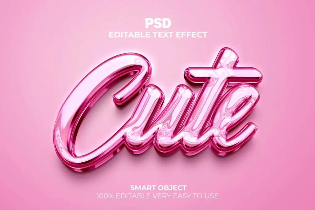 Bubbled pink chrome 3D Photoshop text effect on a soft pink background.