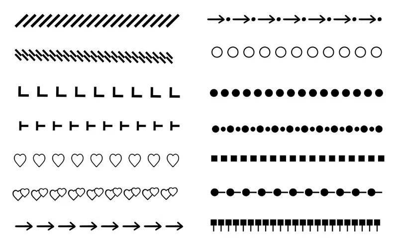 Decorative divider brushes and procreate brushes showing heart icons, arrows, and dotted line patterns.