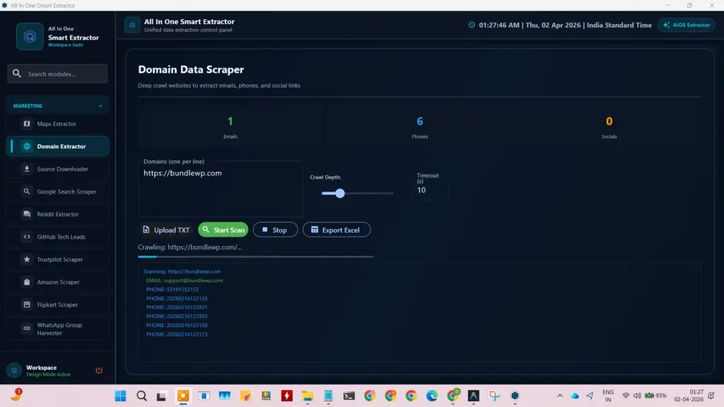 Domain Data Scraper module in the All in One data extractor for deep crawling website emails and phone numbers.