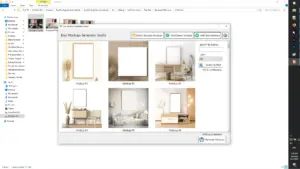 A gallery of interior wall art templates within the Mockups Generator studio.