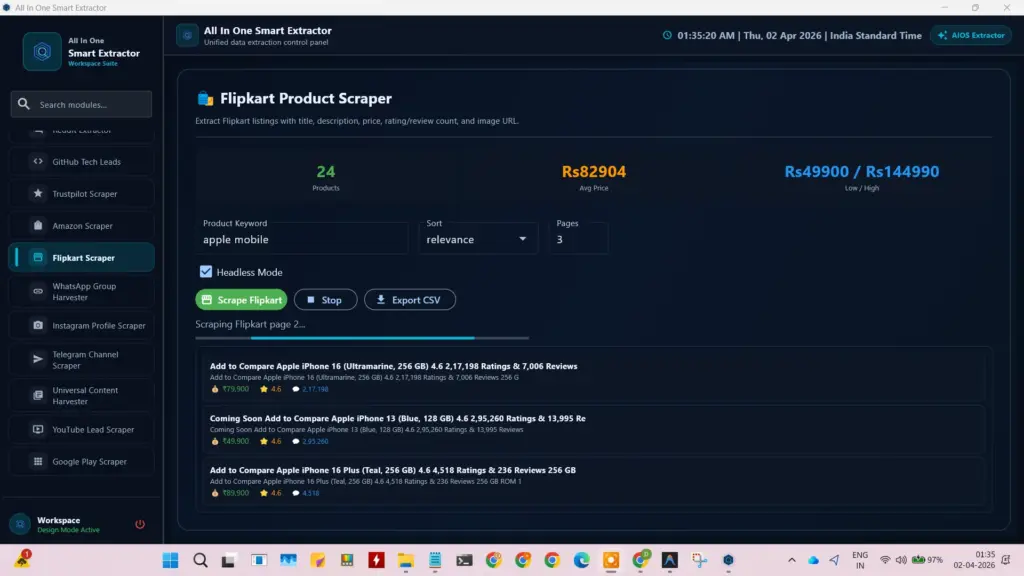 Flipkart product scraper interface within the All in One data extractor showing price and rating results.
