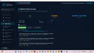 Flipkart product scraper interface within the All in One data extractor showing price and rating results.