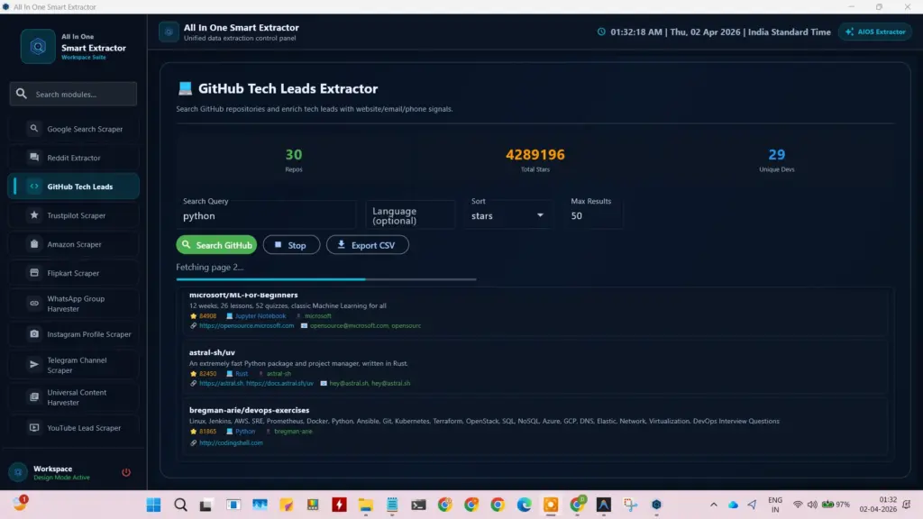GitHub Tech Leads search module in the All in One data extractor for finding developer emails and repository data.