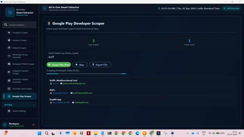 Google Play Developer Scraper feature of the All in One data extractor for collecting app support emails.