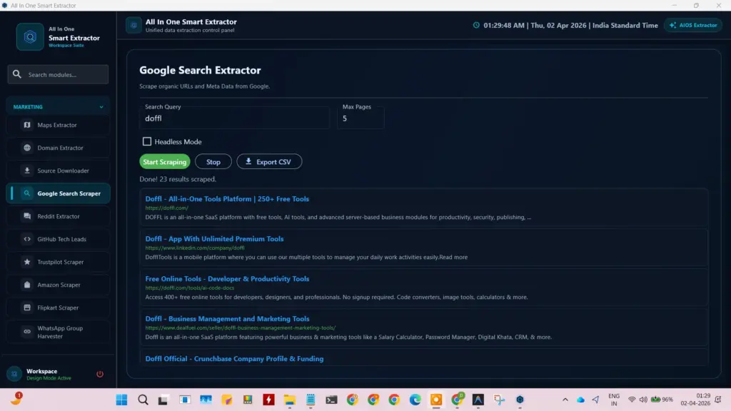 Google Search Scraper tool in the All in One data extractor for harvesting organic URLs and metadata.