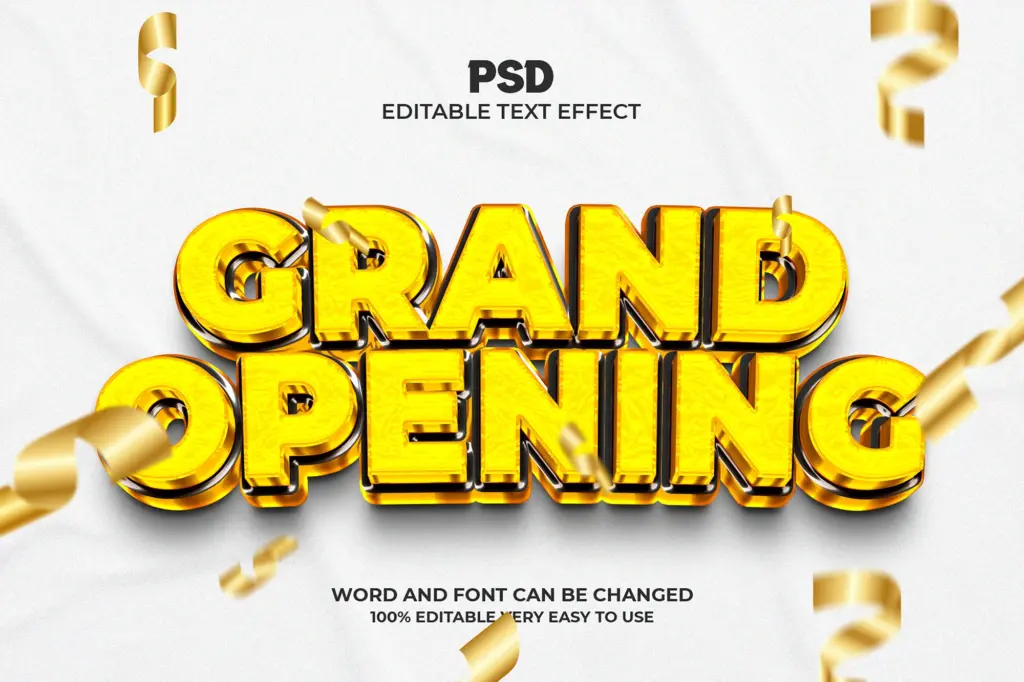 Bold gold 3D Photoshop text effect with floating gold confetti.