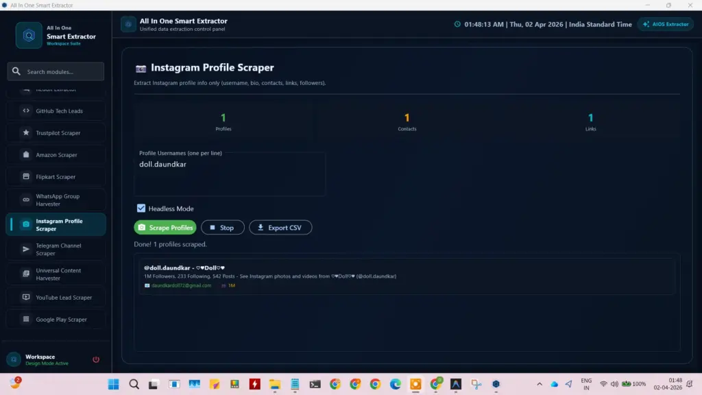Instagram Profile Scraper dashboard in the All in One data extractor showing user bio and contact details.