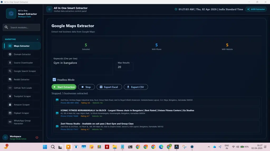 Google Maps Extractor interface in the All in One data extractor for gathering local business leads, addresses, and contact numbers.
