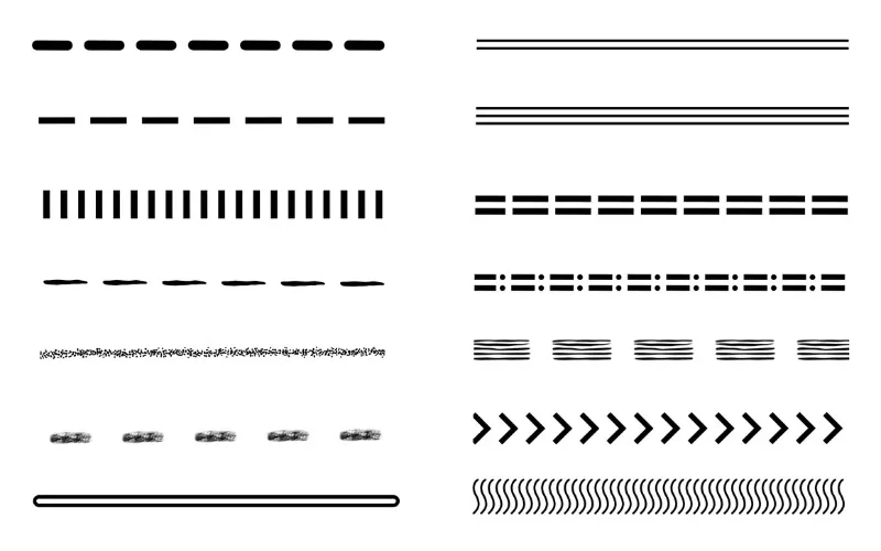 A collection of procreate border brushes featuring dashed lines, double outlines, and geometric patterns for digital illustration.