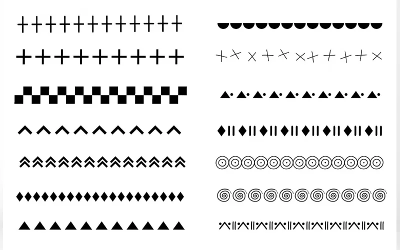 Various divider brushes for Procreate including crosshatch, chevron, diamond, and spiral shapes for page layouts.