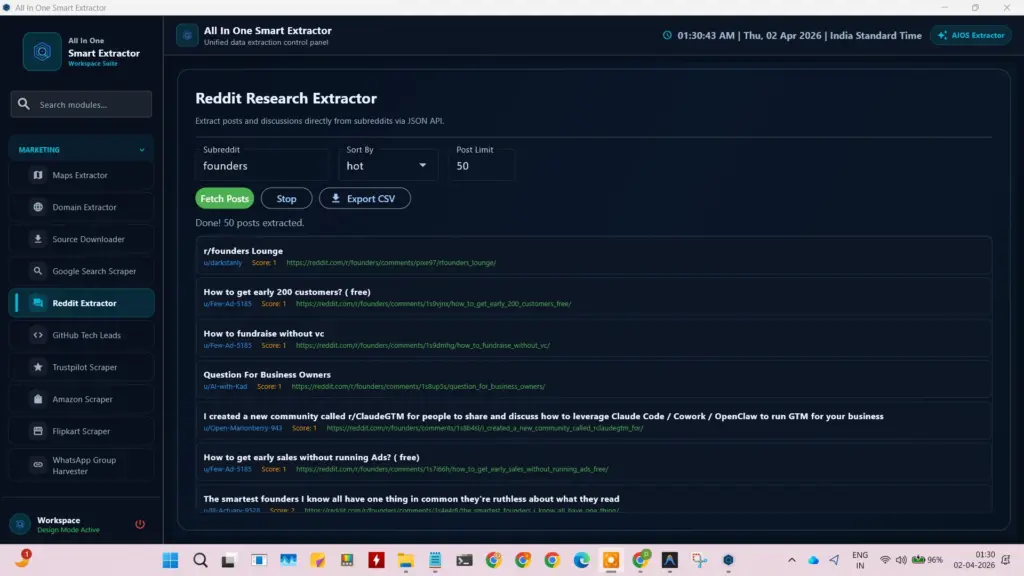 Reddit Research Extractor interface within the All in One data extractor for scraping subreddit discussions.