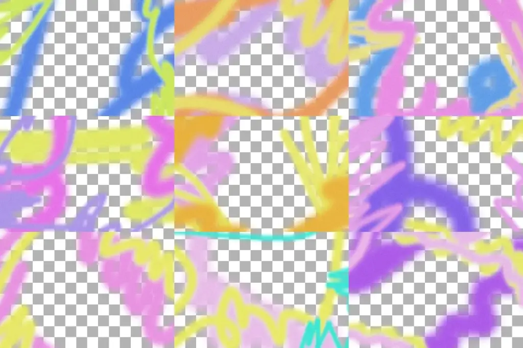 Vibrant 90s graphics with spray-paint frame elements and abstract urban illustrations.