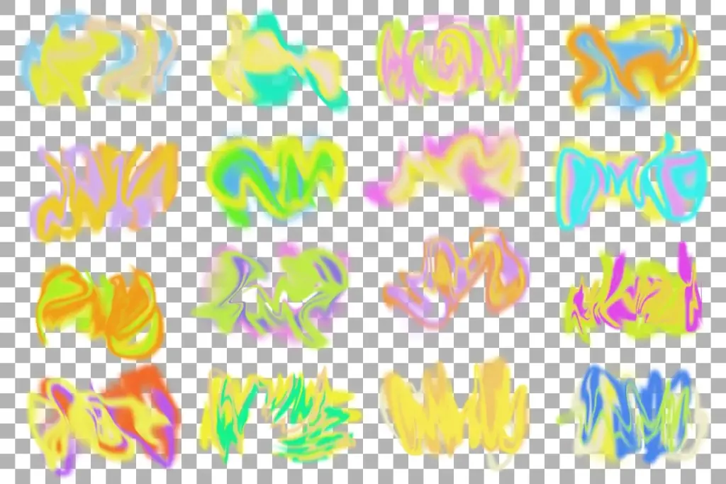 A variety of distorted neon retro graphic elements and 90s graphics with a liquid marble effect.