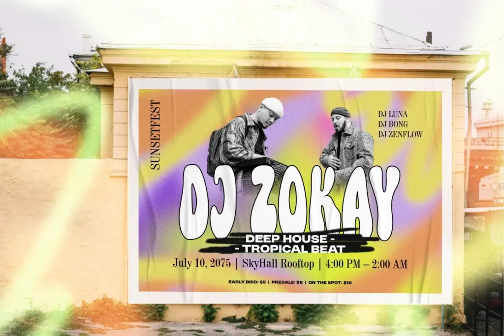A 90s event poster mockup on a wall featuring vibrant 90s retro backgrounds and bold urban illustrations.