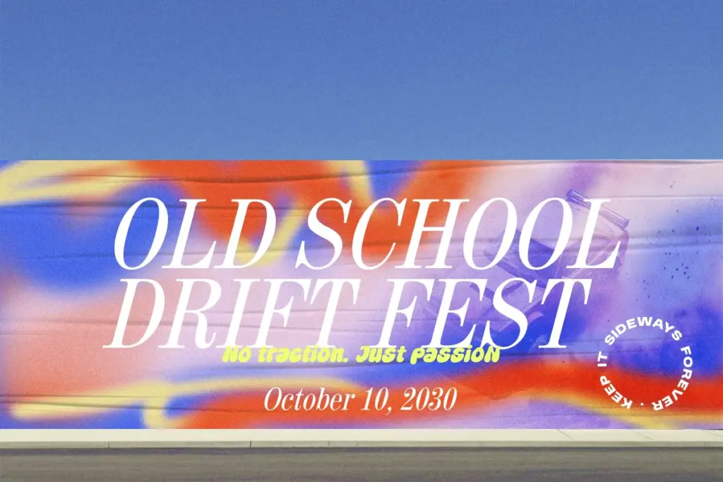 Large-scale outdoor banner for a drift festival showcasing colorful 90s graphics and grainy retro graphic elements.