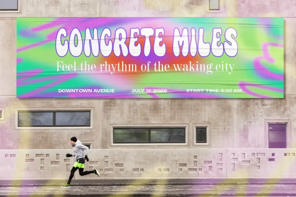 City street banner mockup utilizing neon 90s retro backgrounds and abstract urban illustrations.