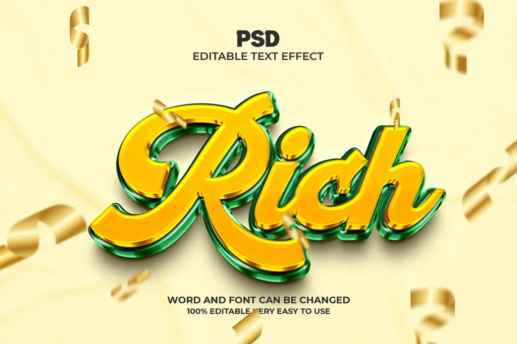 Elegant gold and emerald green 3D Photoshop text effect with gold ribbons.