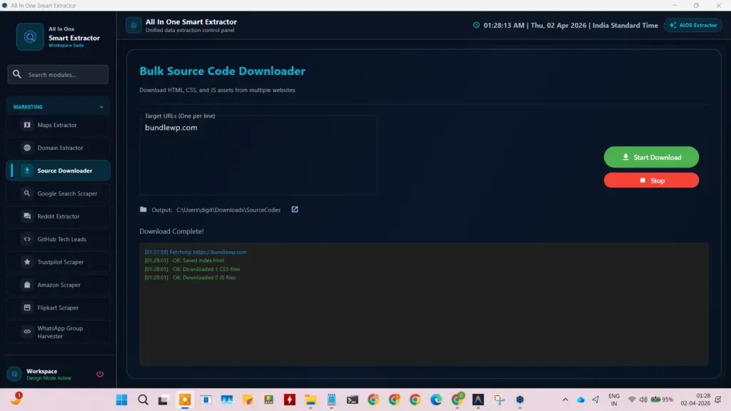 Bulk Source Code Downloader module in the All in One data extractor for saving HTML, CSS, and JS assets.