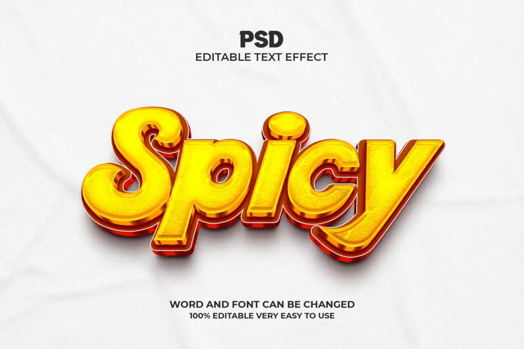 Textured yellow and red 3D Photoshop text effect on a white crumpled paper background.