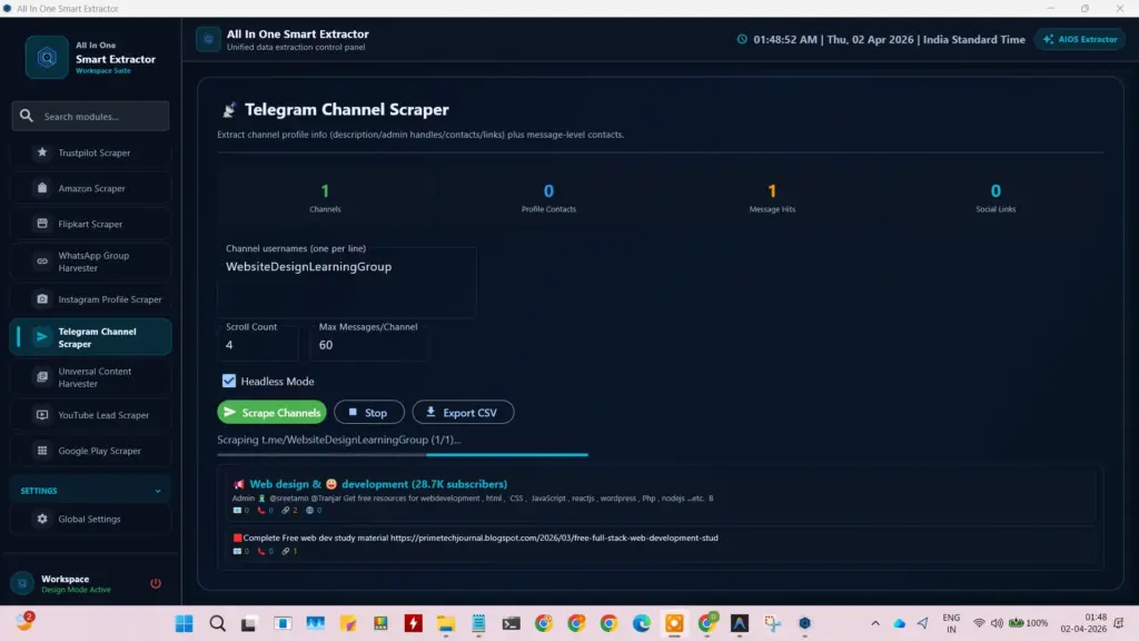 Telegram Channel Scraper tool of the All in One data extractor for extracting message-level contacts and links.