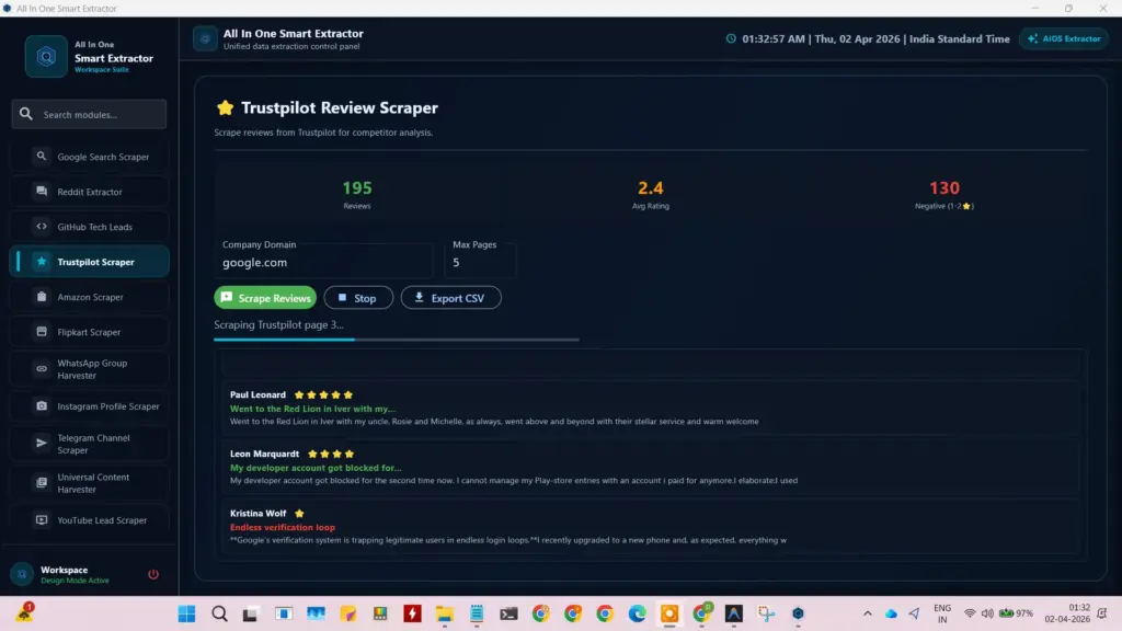 Trustpilot Review Scraper module in the All in one data extractor for analyzing competitor ratings and negative feedback.