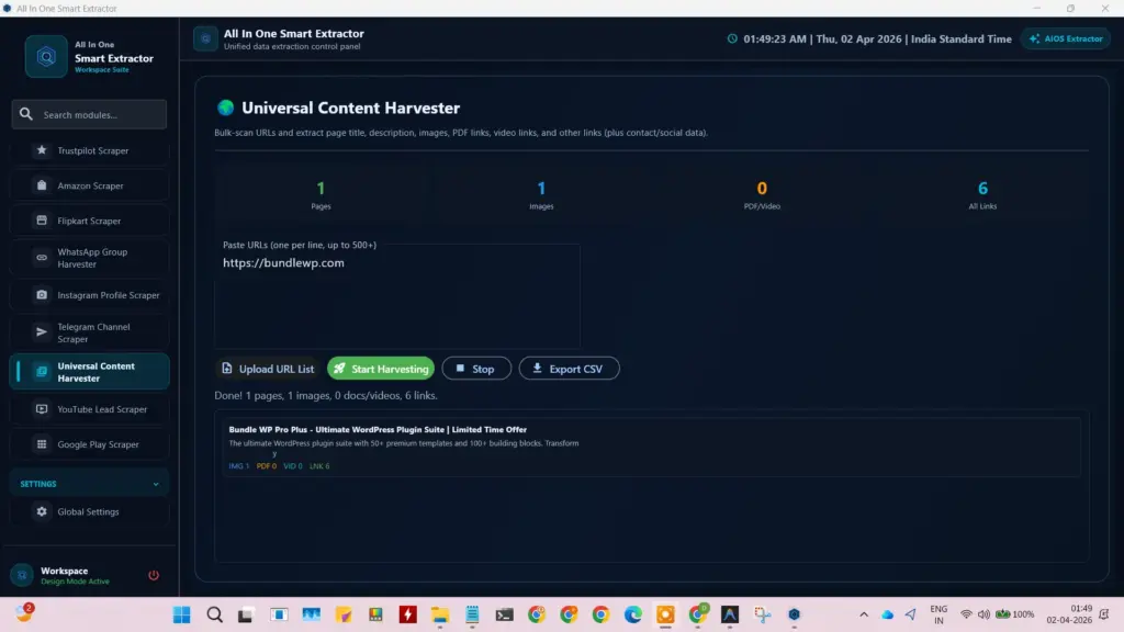 Universal Content Harvester dashboard in the All in one data extractor for bulk-scanning URLs and extracting media links.