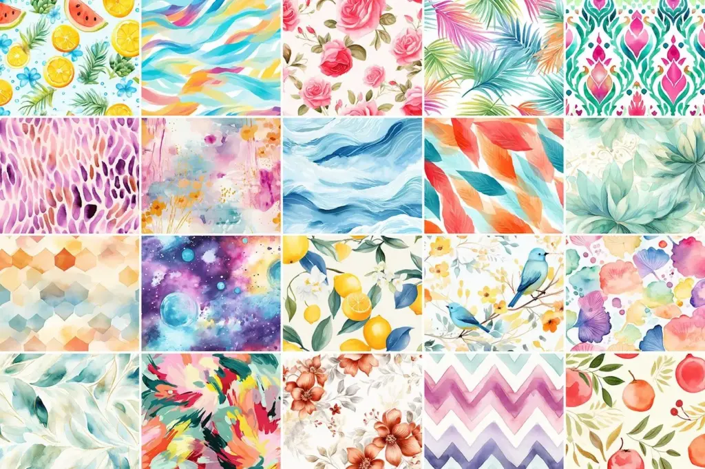 Collage of the colorful watercolor patterns included in the bundle