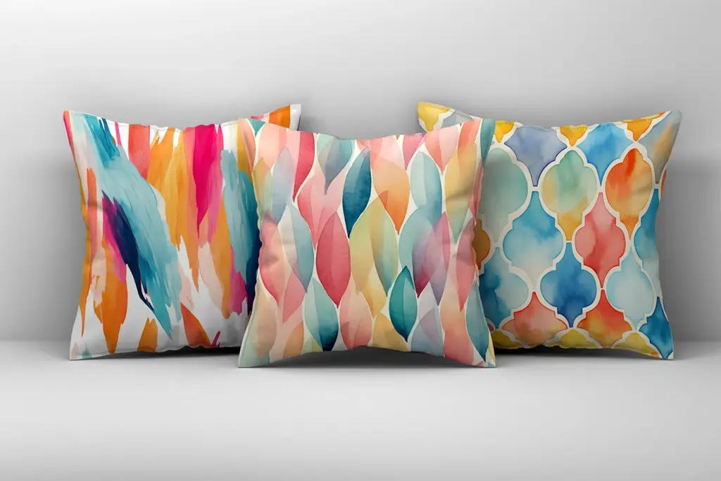 Pillow covers designed using the colorful watercolor patterns included in the bundle