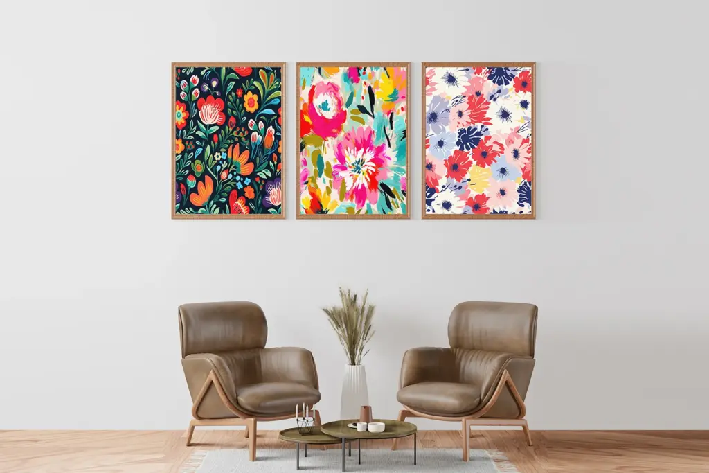Wall frames created with the colorful watercolor patterns included in the bundle