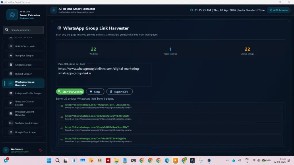 WhatsApp Group Link Harvester feature of the All in one data extractor for discovering and exporting invite links.