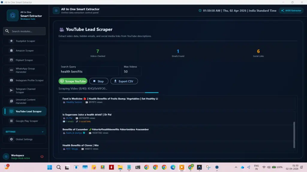 YouTube Lead Scraper tool within the All in one data extractor for harvesting emails and social links from video descriptions.