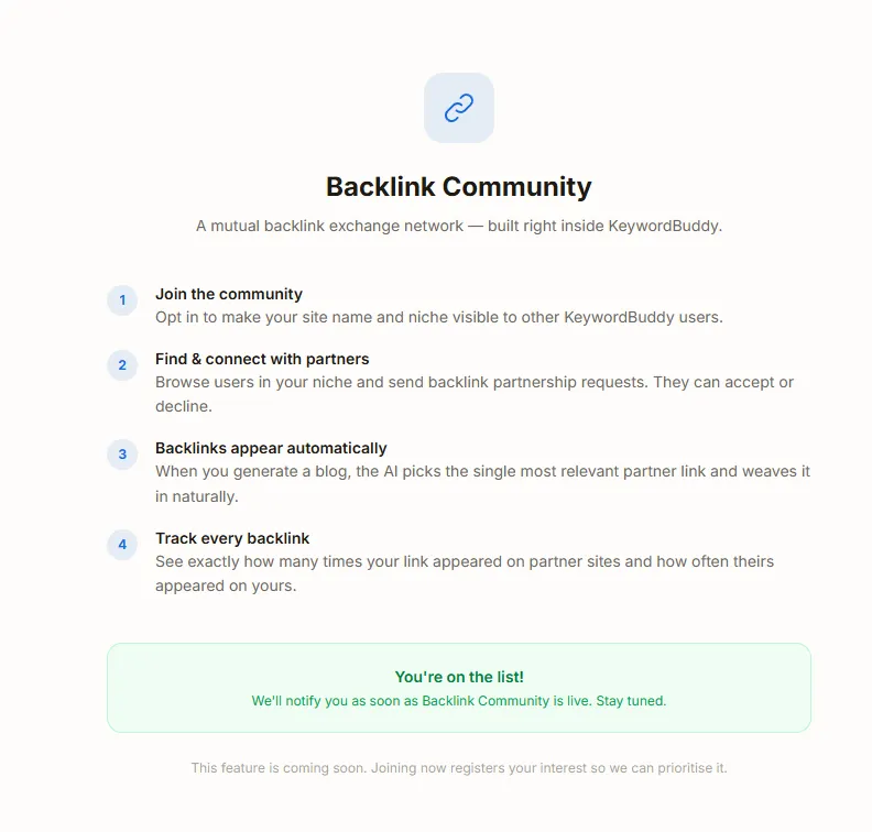 Build backlinks and grow your backlink community naturally with KeywordBuddy
