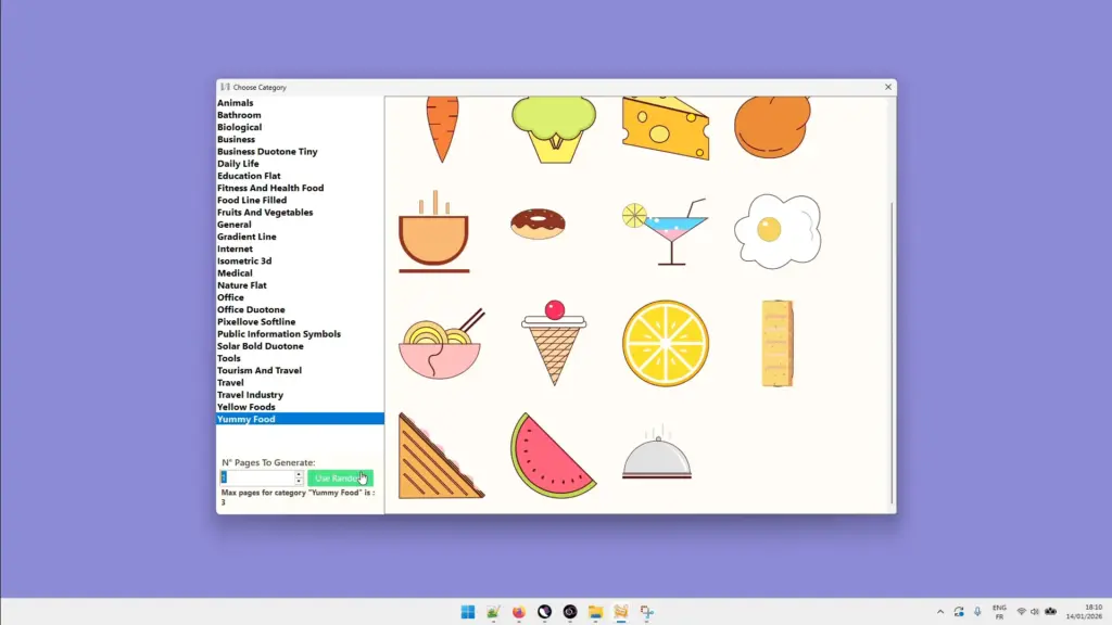 Category list, food icons grid, random generation option of Kids Games Printables Generator