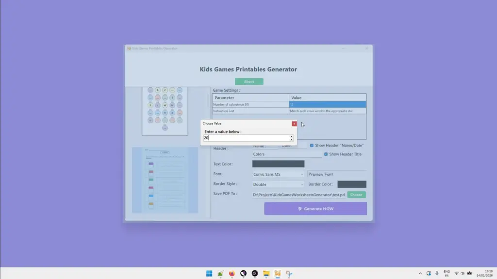 Color worksheet, settings table, value input popup of Kids Games Printables Generator