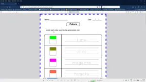 Color boxes, tracing words, handwriting practice of Kids Games Printables Generator