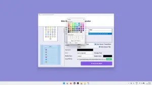 Color worksheet preview, color selection dialog, settings panel of Kids Games Printables Generator