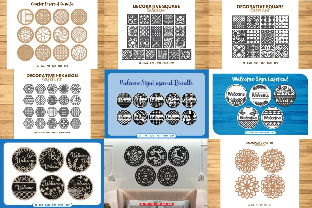 Collage of decorative square, hexagon, coaster, and welcome sign laser-cut bundles of 700+ Laser Cut SVG Images Mega Bundle.