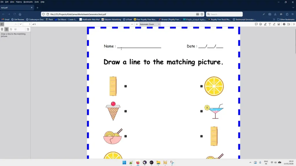 Food icons, matching exercise, worksheet with dashed border of Kids Games Printables Generator