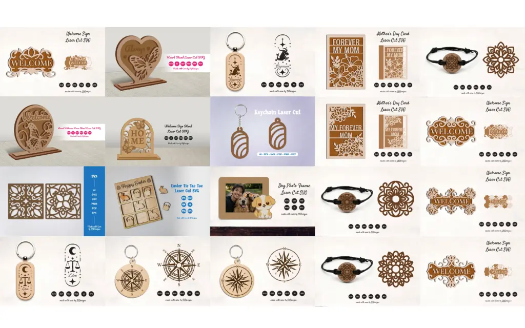 keychains, bracelets, panels, tic-tac-toe boards, and photo frames of 700+ Laser Cut SVG Images Mega Bundle.